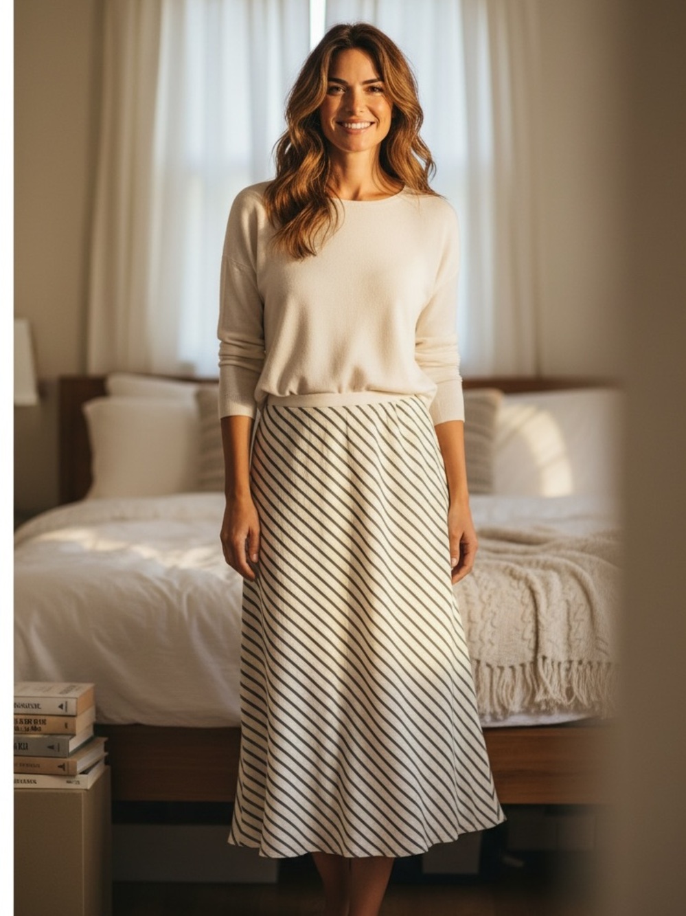 J. Crew Cream and Black Diagonal-Stripe Midi to Maxi Linen Skirt Casual Preppy